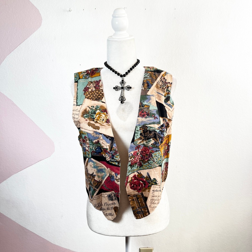Vintage Postcard Vest Sz‎ Small Reversable Retro 90s Grandma Core